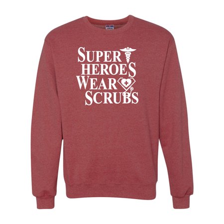 Super Heroes Wear Scrubs Nurse Essential First Responder Mens Pop Culture Crewneck Sweatshirt, Vintage Heather Red, 3XL