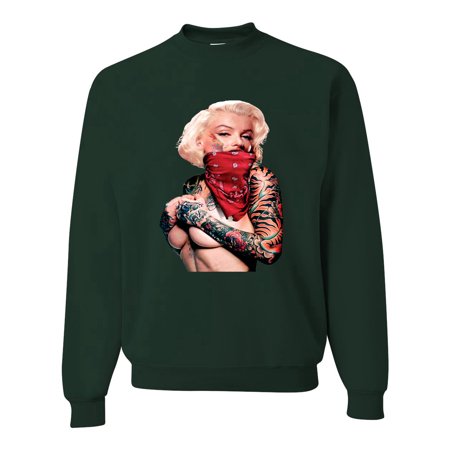 Marilyn Monroe Tattooed Face with Red Bandana  Mens Pop Culture Crewneck Graphic Sweatshirt, Forest Green, 2XL