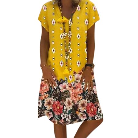 OUTAD Women S Boho Plus Size Loose Floral MIDI Dresses Summer Beach V Neck Sundress