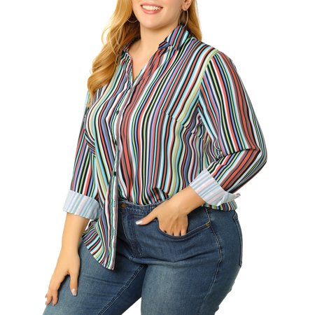 Agnes Orinda Women S Plus Size Rainbow Striped Button Down Shirts