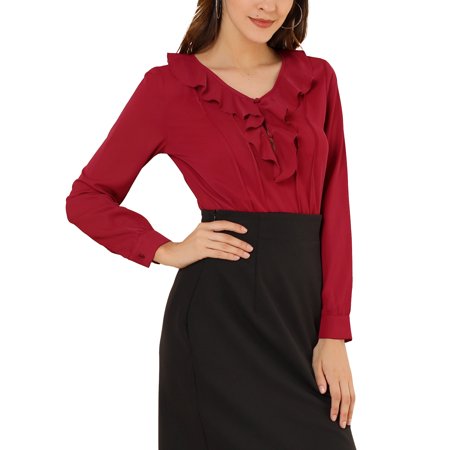 Allegra K Junior S Ruffle V Neck Chiffon Blouse Pleated Vintage Shirt