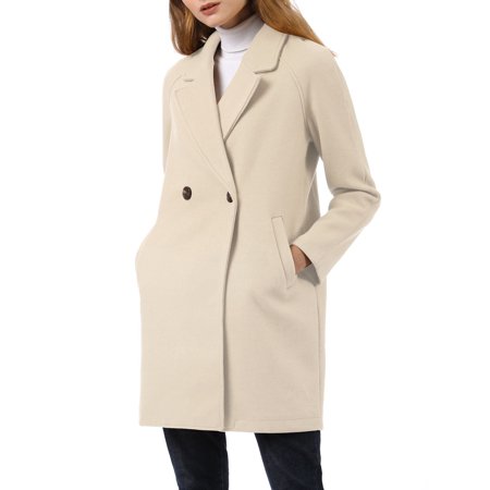 Unique Bargains Women S Notched Lapel Double Breasted Raglan Sleeve Winter Coat XS Cream White