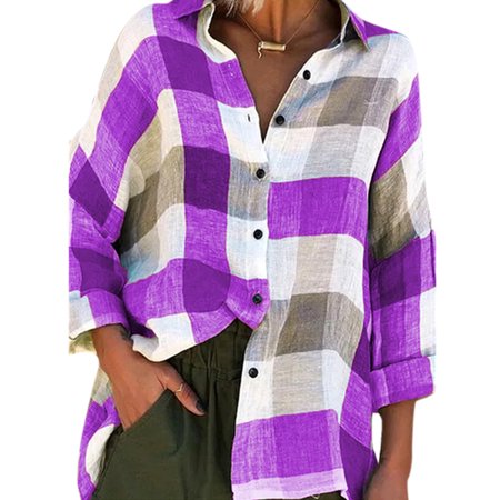 Women S Plus Size Button Down Plaid Tops Casual Loose Long Sleeve Shirts Blouses