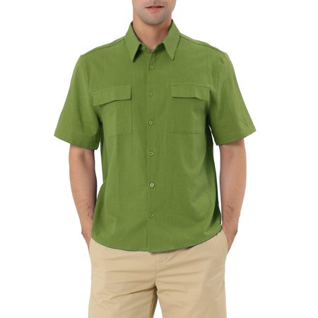 Lars Amadeus Men S Solid Color Short Sleeves Point Collar Shirt with Pockets