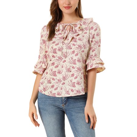 Allegra K Junior S Layered Ruffle Elbow Sleeve Ruffled Tie-Neck Floral Blouse