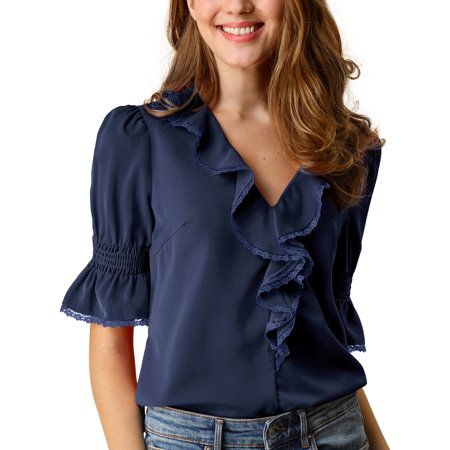 Unique Bargains Women S Ruffle V Neck Half Bell Sleeve Casual Chiffon Top 3XL Navy Blue