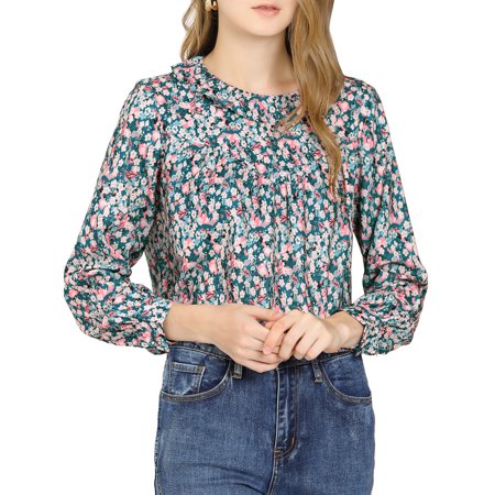 Allegra K Junior S Floral Long Sleeve Ruched Top Ruffle Neck Blouse