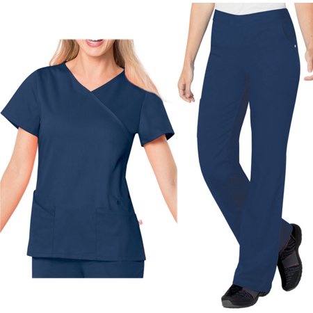 Landau Urbane Ultimate Womens Scrub Set 9577 Sophie Crossover Top and 9300 Michelle Yoga Flare Pant True Navy (LGE Top/Pant LGE)