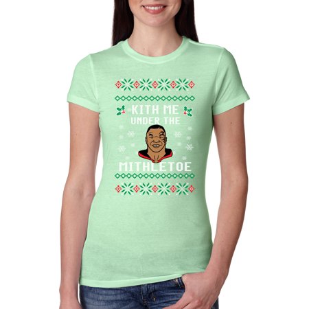 Kith Me Under the Mithletoe Funny Tyson Lips Christmas Sweater Female Slim Fit Junior Tee, Mint, Large