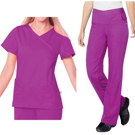 Landau Urbane Ultimate Womens Scrub Set 9577 Sophie Crossover Top and 9300 Michelle Yoga Flare Pant Orchid (XLG Top/Pant XLG)