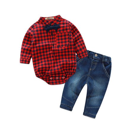 LA HIEBLA 2PCS Baby Boys Dress Gray Shirt Denim Pants Set Kids Gentleman Clothes Outfits