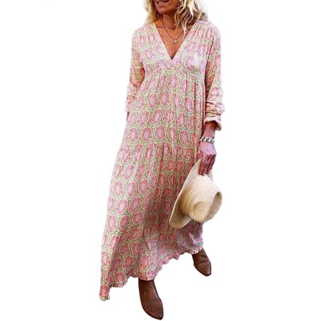 Plus Size Baggy Casual Floral Print Long Maxi Shirt Dress for Women Autumn Paisley Print Holiday Party Cocktail Prom Gown Maxi Dress Boho Beach Style