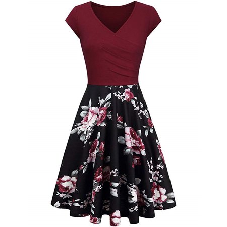 Women S Elegant Commuting Summer Fashion Floral Print Stitching Slim-Fit Large Swing Dress