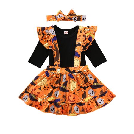 LA HIEBLA My First Halloween Baby Girl Romper Bodysuit Tops Pumpkin Suspender Strap Dress Headband Skirt Set