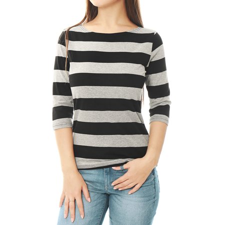 Allegra K Juniors Casual Boat Neck Elbow Sleeves Slim Fit Stripes T-Shirt