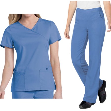 Landau Urbane Ultimate Womens Scrub Set 9577 Sophie Crossover Top and 9300 Michelle Yoga Flare Pant Ceil (LGE Top/Pant Tall XL)