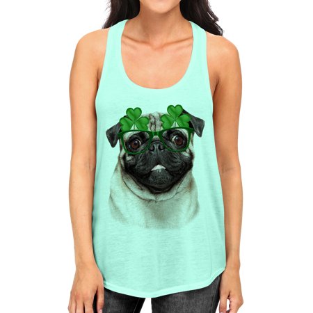 Junior S Pug Shamrock Glasses B1637 PLY Mint Racerback Tank Top Medium Mint