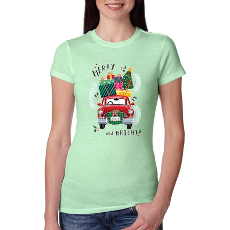 Merry and Bright Red Car Christmas Womens Slim Fit Junior Tee  Mint  Large