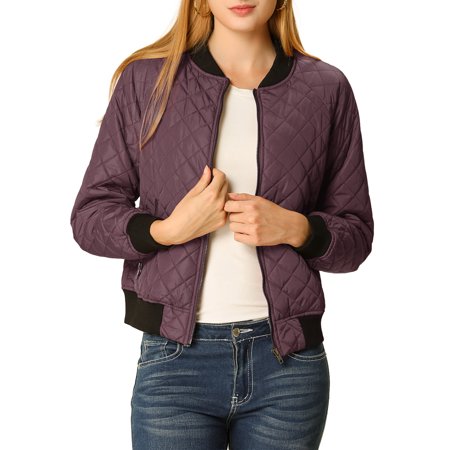 Allegra K Women S Stand Collar Zip up Raglan Sleeves Bomber Quilted Jacket