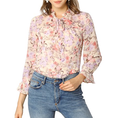 Allegra K Junior S 3/4 Sleeves Tie Neck Ruffle Floral Print Top