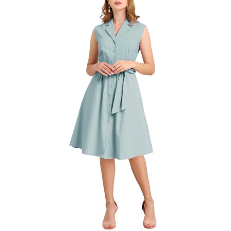Allegra K Junior S Sleeveless Notched Lapel Belted Button MIDI Shirt Dress