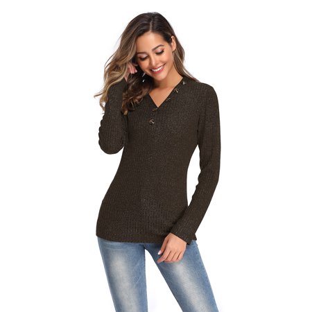Women's V-neck Button Sweater Long Sleeve Slim Fit Solid Color Pullover OLRIK 5509