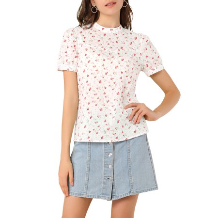 Allegra K Junior S Stand Collar Short Sleeve Keyhole Back Blouse