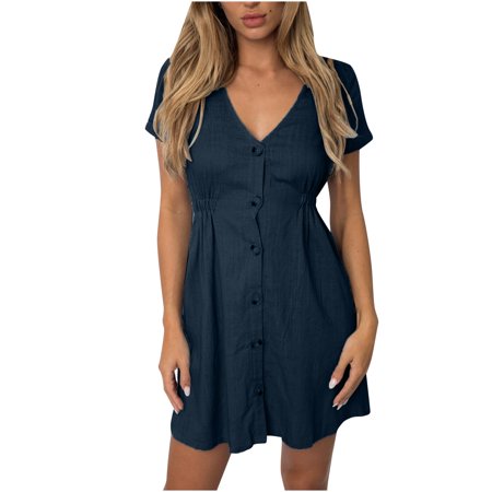 Bescita Women Charming Short Sleeve Skirt V-Neck Buttons Solid Casual Mini Dresses