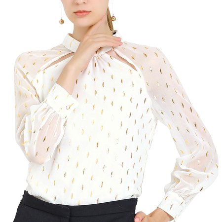 Allegra K Women Mock Neck Sheer Mesh Long Sleeves Polka Dots Chiffon Blouse