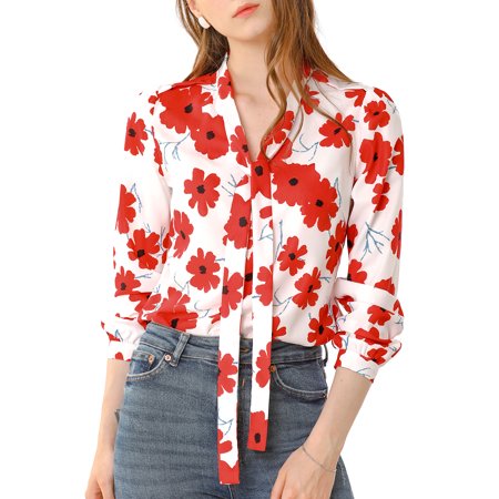 Allegra K Women S Floral Bow Tie V Neck Puff Sleeve Shirt Casual Blouse