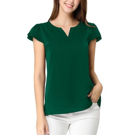 Allegra K Juniors Solid V Neck Cap Short Sleeves Work Blouse