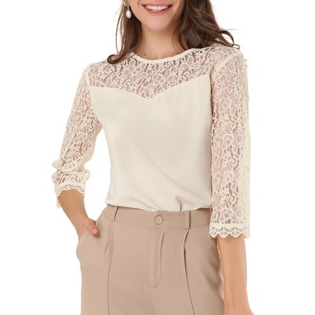 Allegra K Junior S Semi Sheer Mesh Lace 3/4 Bell Sleeve Blouse