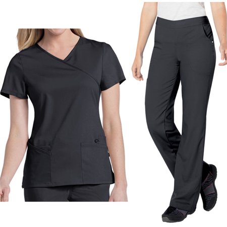 Landau Urbane Ultimate Womens Scrub Set 9577 Sophie Crossover Top and 9300 Michelle Yoga Flare Pant Graphite (3XL Top/Pant Petite 2X)