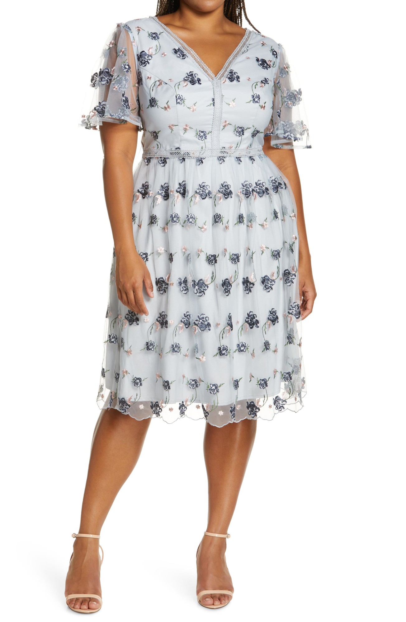 Chi Chi London Embroidered Lace V-Neck Cocktail Dress in Blue at Nordstrom, Size 16