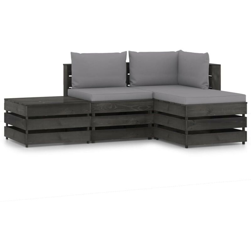 Salon De Jardin 4 Elements Avec Coussins Bois Imprégné De Gris