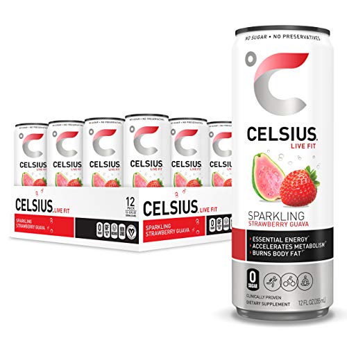 CELSIUS Sparkling Strawberry Guava Fitness Drink, Zero Sugar, 12oz. Slim Can (Pack of 12)