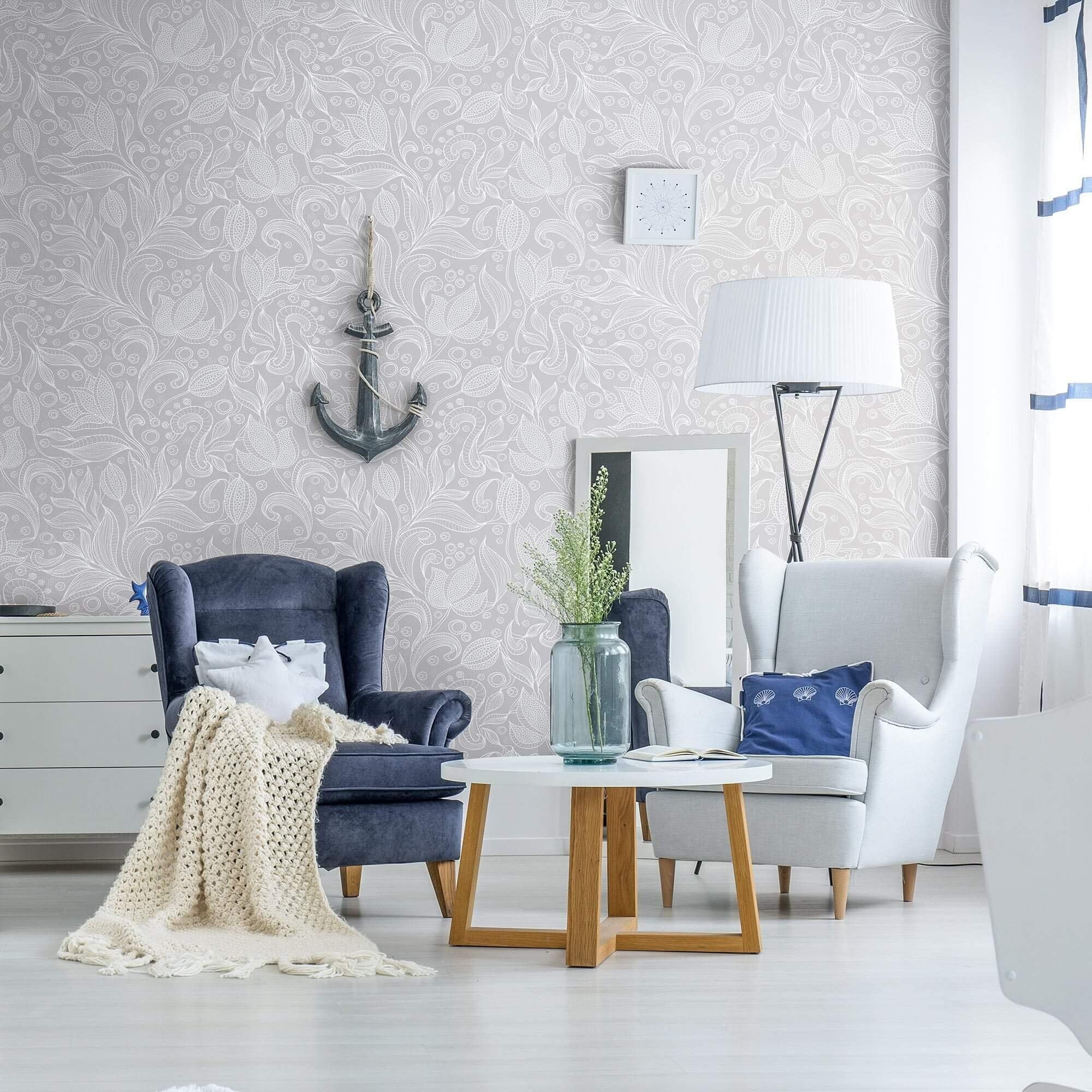 Gray Botanical Floral Peel and Stick Removable Wallpaper 3535