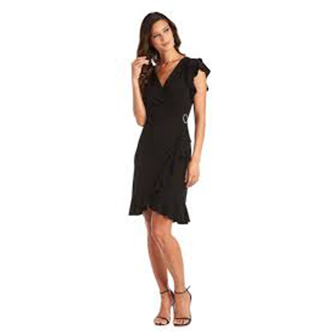 R&M Richards Side Wrap Ruffle Dress Rhinestone Buckle, Black, 12