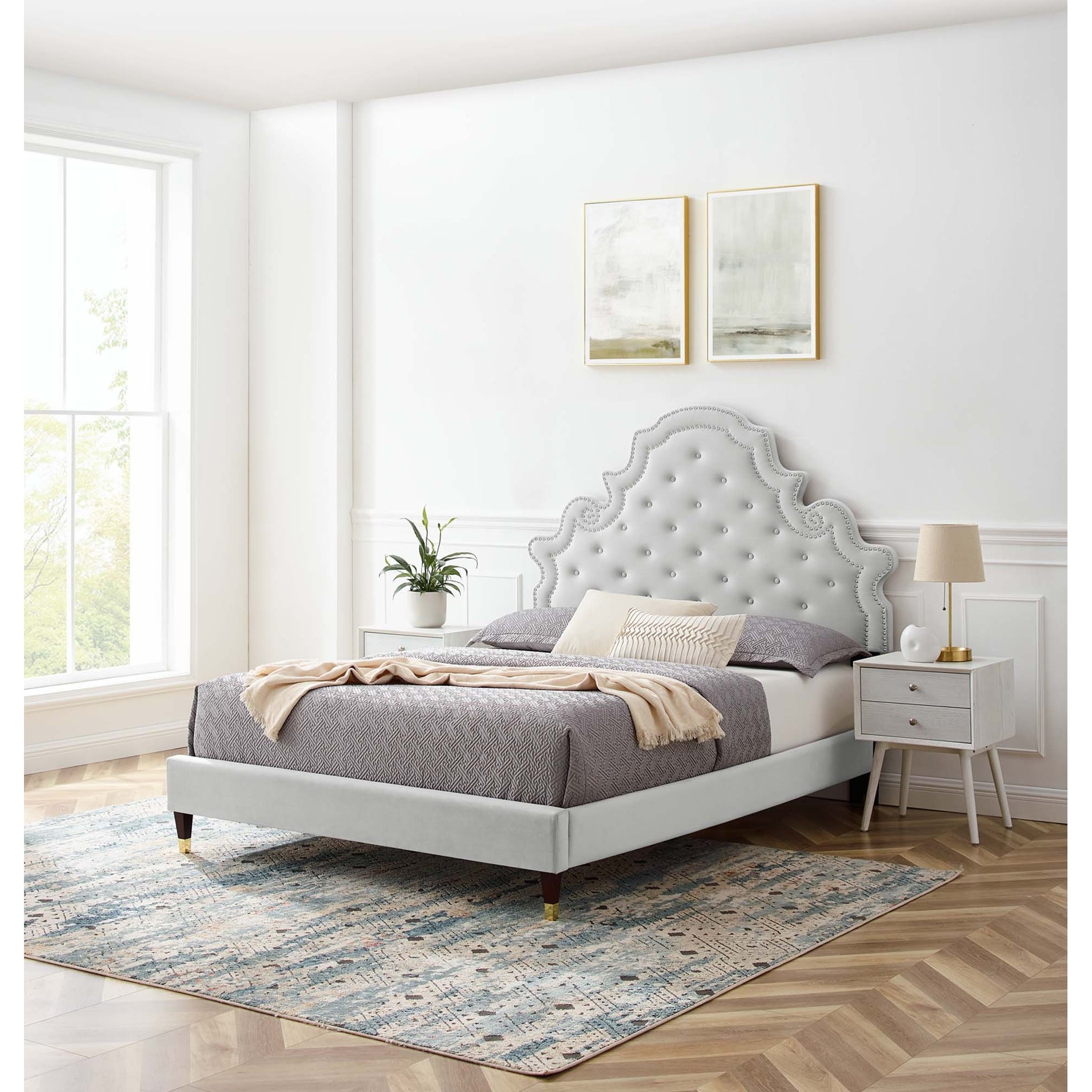 Gwyneth Collection MOD-6755-LGR Tufted Performance Velvet Twin Platform Bed in Light Gray