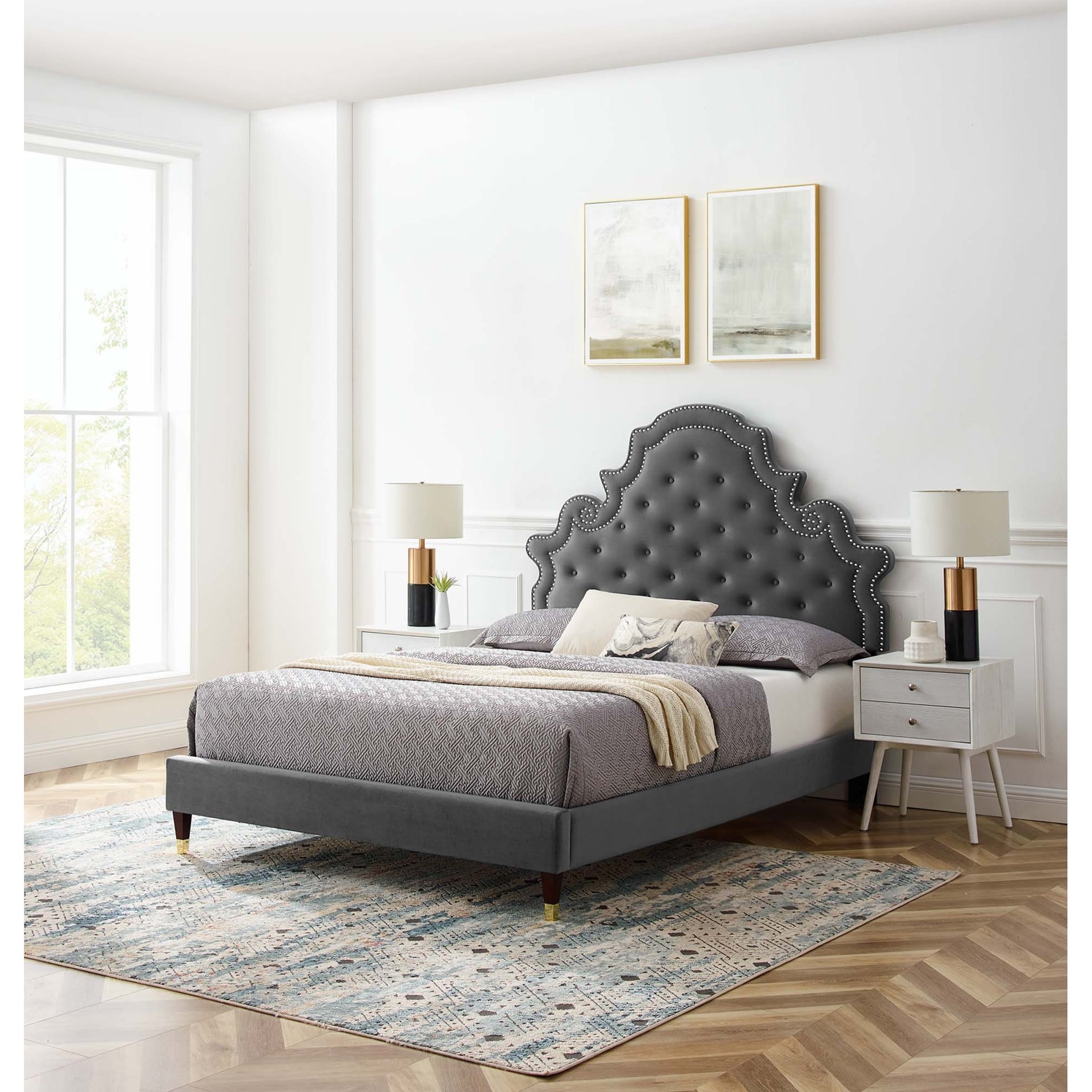 Gwyneth Collection MOD-6755-LGR Tufted Performance Velvet Twin Platform Bed in Light Gray thumbnail