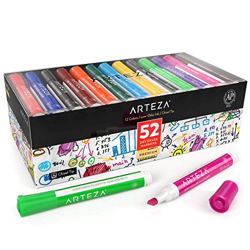 Arteza Dry Erase Markers  Bulk Pack of 52  Chisel Tip  12 Assorted Colors with Low-Odor Ink  Whiteboard Pens  Office Supplies for Back to School