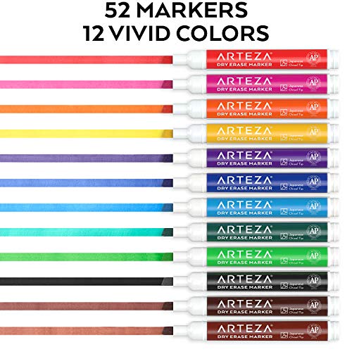 Arteza Dry Erase Markers  Bulk Pack of 52  Chisel Tip  12 Assorted Colors with Low-Odor Ink  Whiteboard Pens  Office Supplies for Back to School thumbnail
