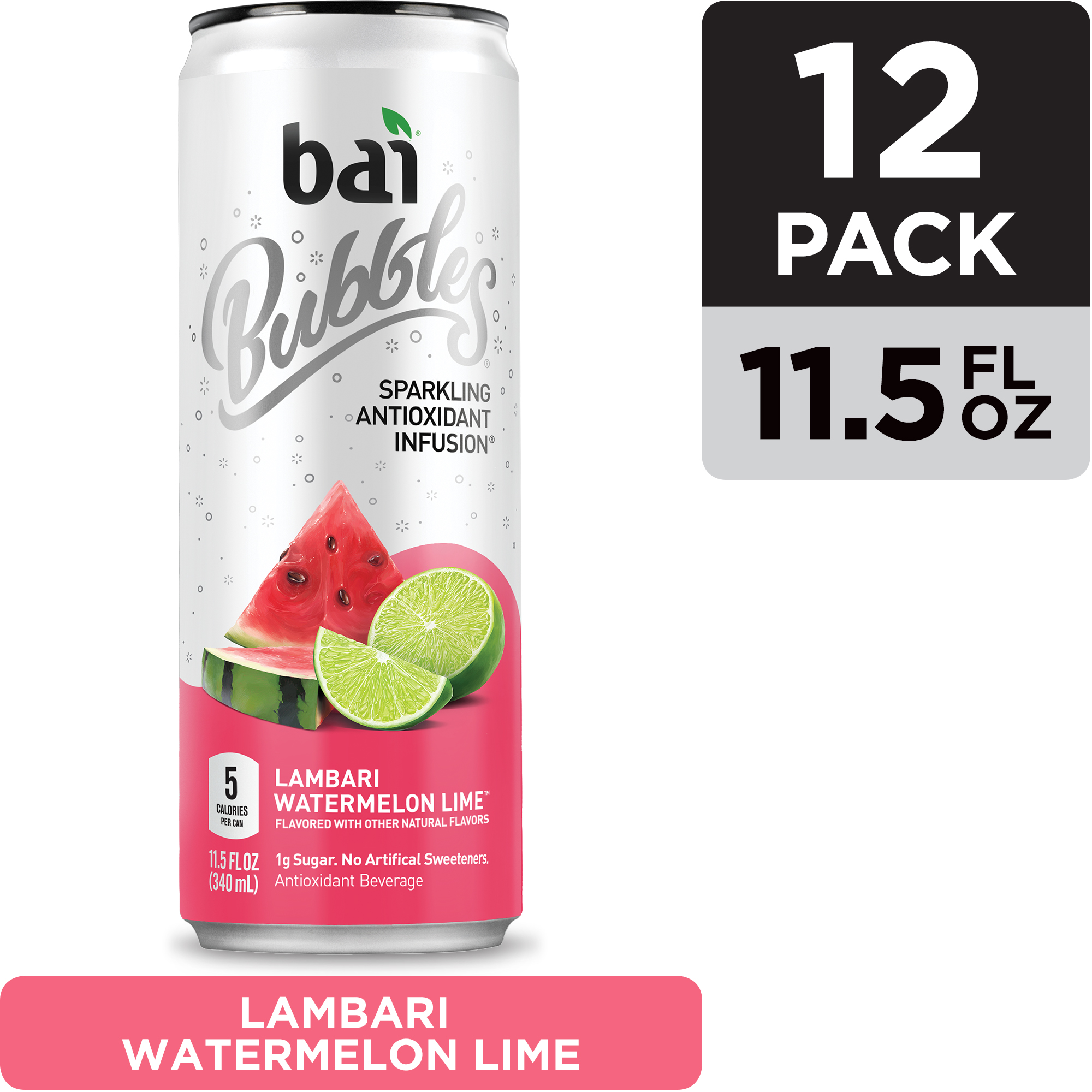 Bai Bubbles, Sparkling Water, Lambari Watermelon Lime, Antioxidant Infused Drinks, 11.5 Fluid Ounce Cans, 12 Count