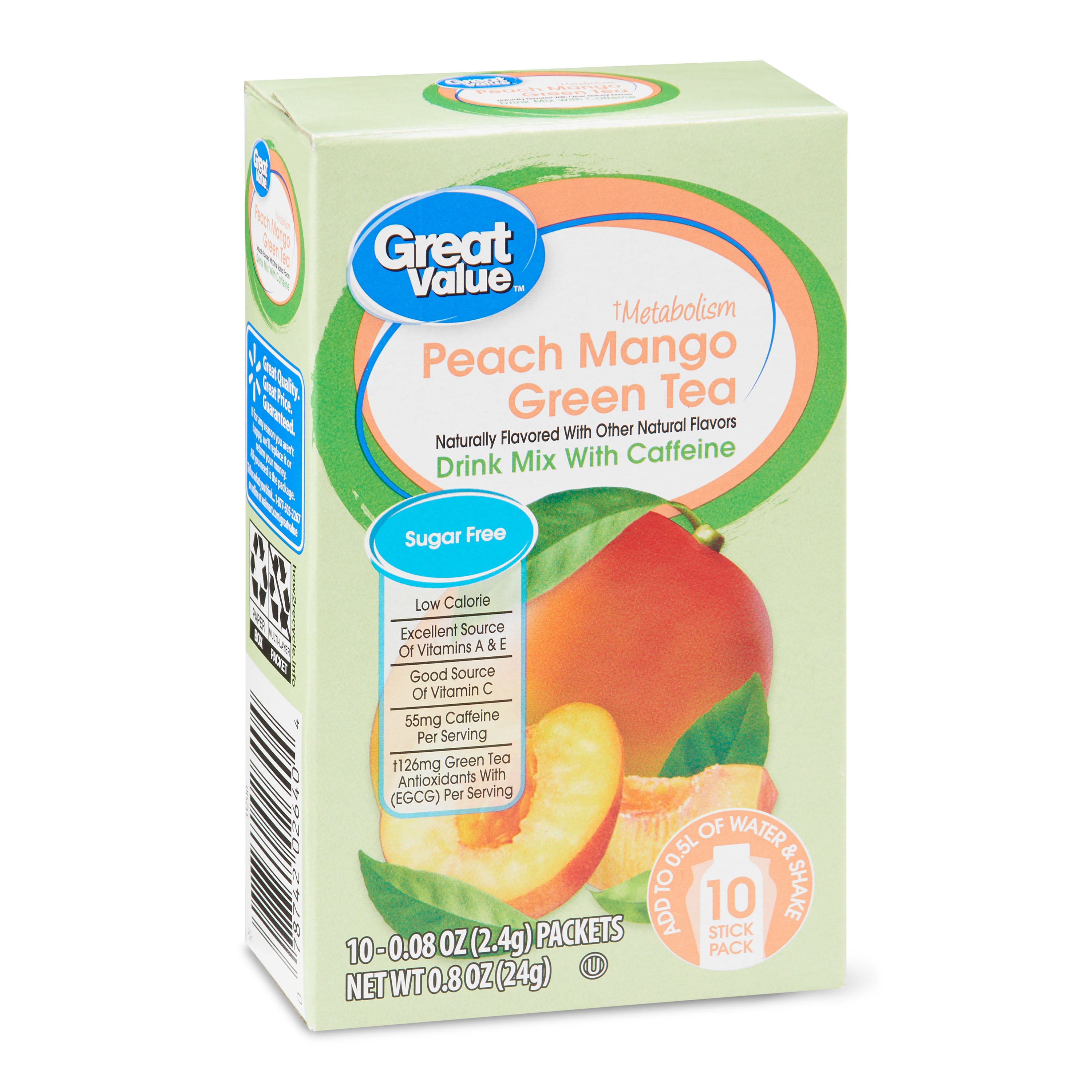 Great Value Peach Mango Green Tea Drink Mix, 0.08 Oz, 10 Count Image