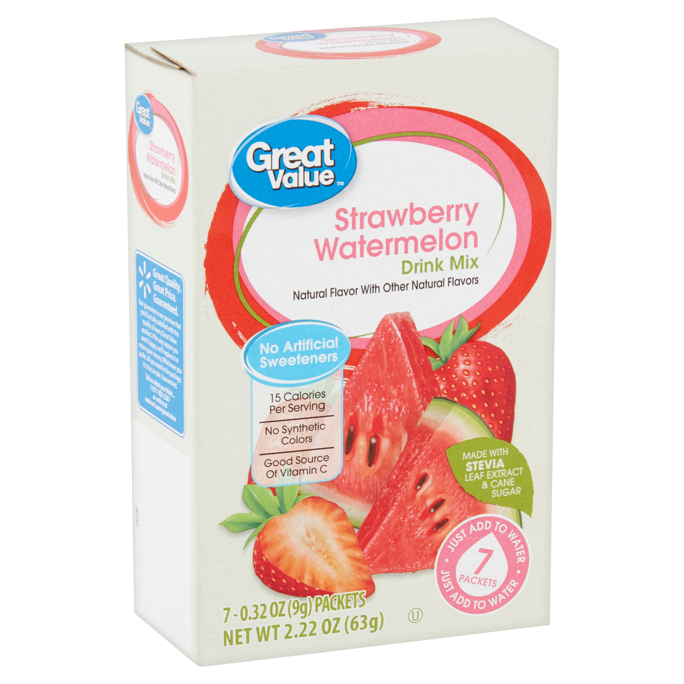 (4 Pack) Great Value Drink Mix with Stevia, Strawberry Watermelon, 2.22 Oz, 7 Count Image