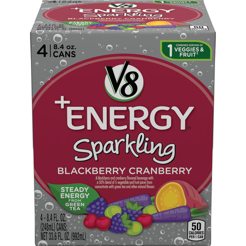 BLACKBERRY CRANBERRY SPARKLING FLAVORED BEVERAGE WITH A 50% BLEND OF 5 VEGETABLE AND FRUIT JUICES FROM CONCENTRATE WITH GREEN TEA, BLACKBERRY CRANBERRY