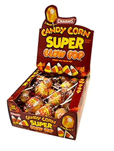 Charms Candy Corn Super Blow Pops - Candy Corn Charms Lollipops with Centre Filled Bubble - Halloween Lollipops 48-Piece Box