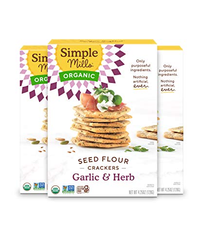 Simple Mills Organic Seed Crackers, Garlic & Herb, Gluten Free, Flax Seed, Sunflower Seeds, Corn Free, Low-Calorie Snacks, Plant Based, Nutrient Dense