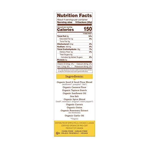 Simple Mills Organic Seed Crackers, Garlic & Herb, Gluten Free, Flax Seed, Sunflower Seeds, Corn Free, Low-Calorie Snacks, Plant Based, Nutrient Dense thumbnail