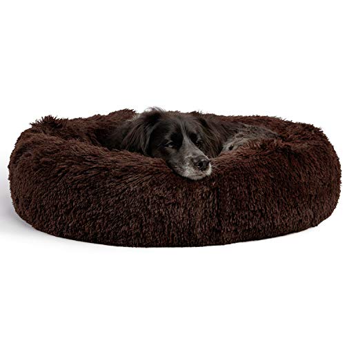 Best Friends by Sheri Original Calming Donut Dog and Cat Bed  Shag Faux Fur  Dark Brown  (30in X 30in) - Anxiety Relief for Pets up to 45 Lbs